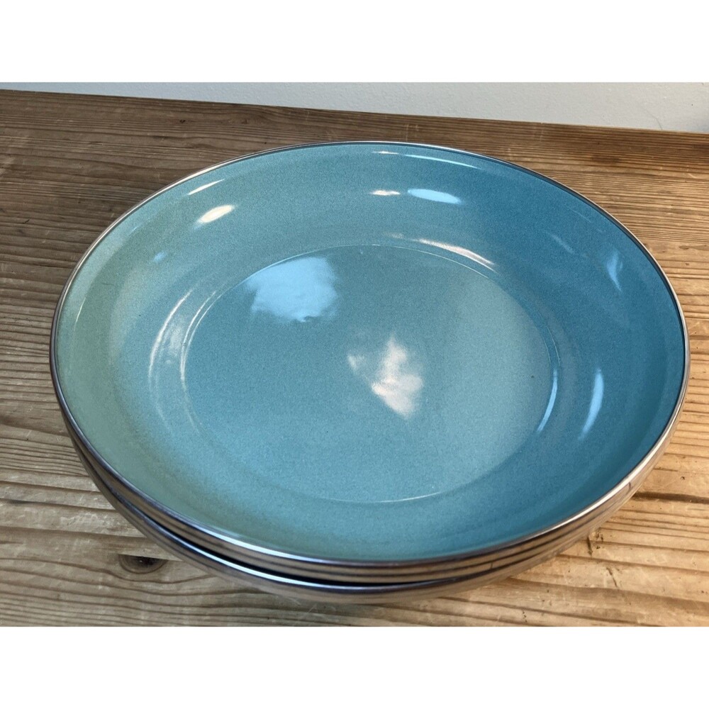 Golden Rabbit Turquoise Blue 10” Enamelware Dinner Plate, Set of 4 Stainless Rim